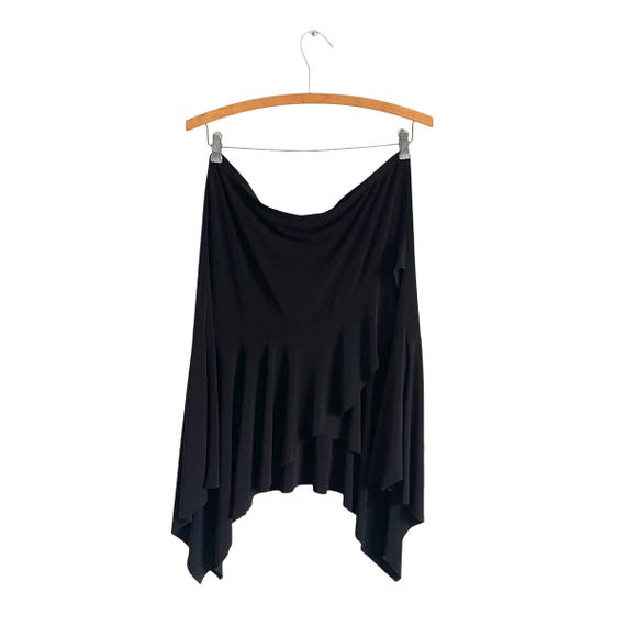 Vintage Y2K Black Tiered Hi-Lo Hem Skirt. Black Frilly Layered Drape Skirt. Pleated Drape Layers. Goth. Witchcore. 90s. Y2K. 1990s. 2000s.