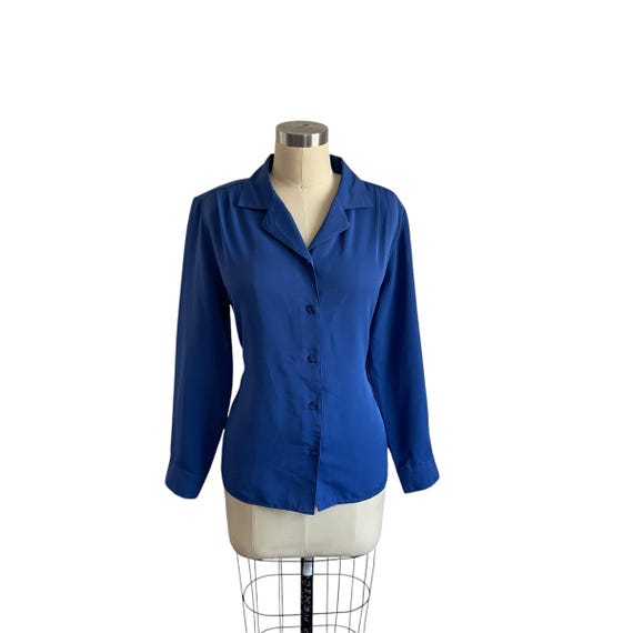 Vintage Cobalt Blue Button-Up Blouse. Petite Casual Blue Button-Down Shirt. Long Sleeves. Buttoned Cuffs. Womens Business Casual Blouse.