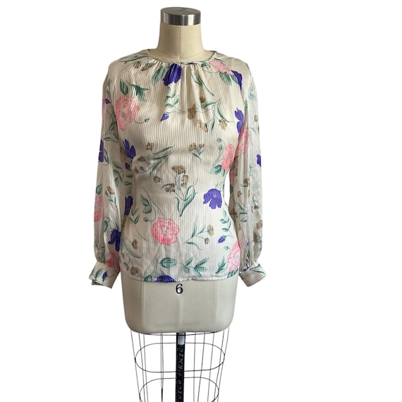 Vintage Umi Collections Multicolor Floral Pleated Blouse. Romantic Floral Blouse. Spring Casual Flowy Blouse Shirt Top. Striped. Floral.