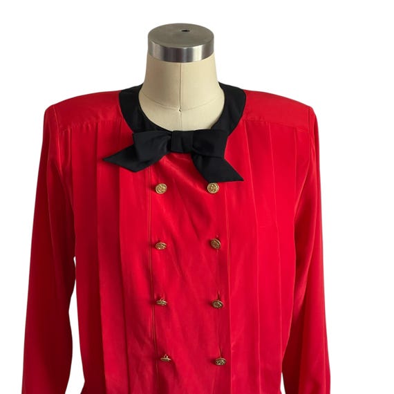 Vintage Le Chine Petites Red and Black Pleated Double-Breasted Blouse. Petite Red and Black Long-Sleeved Blouse. 70s. 80s. 1970s. 1980s.