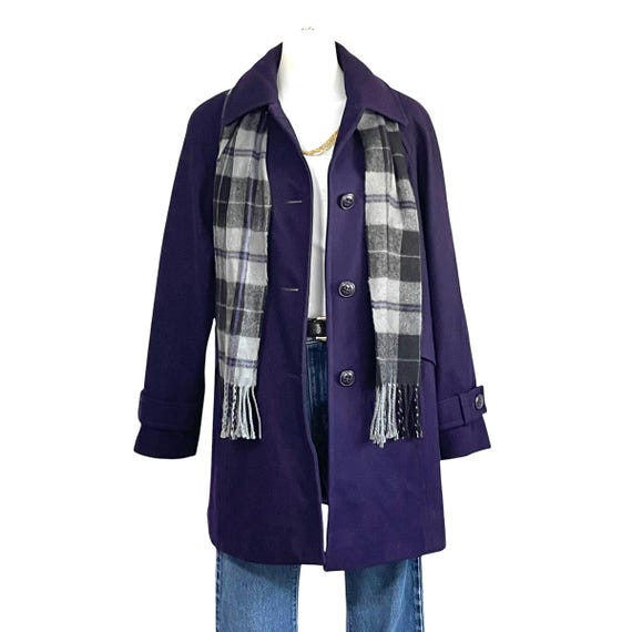 Vintage Dark Purple Wool Midi Coat with Plaid Scarf