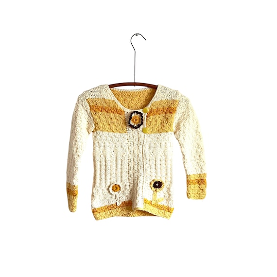 Vintage Kids Floral Cream Sweater Top. Yellow Crochet Floral Cardigan. NOS Handmade. Knit Flower Cardigan Sweater. 60s. 70s. Girls Sweater.