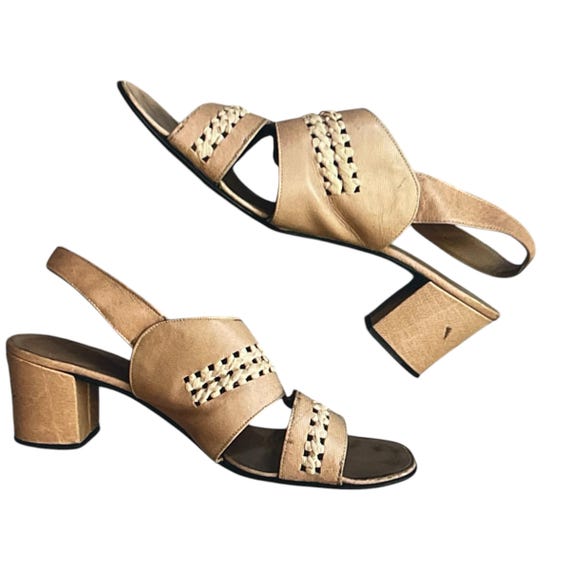 Vintage 1970s Pace-Setters Sandals. 70s Nude Tan Leather Sandals Shoes. Woven Open Toe Leather Shoes. Tan Block Heels Sandals Shoes. Size 9.