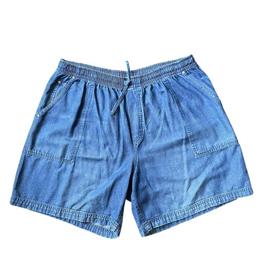 Vintage Cabin Creek Blue Chambray Stretch Shorts. Blue Stretchy Short Shorts. Waist Tie. Plus Size Denim Shirts. Cottagecore. 80s 90s. Y2K.