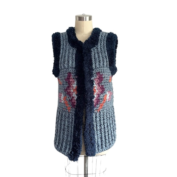 Vintage Knit Sweater Vest: Floral Furry Trim, Cottagecore 70s