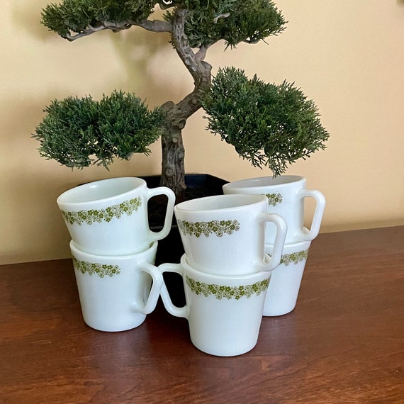 Vintage Pyrex Milk Glass Spring Blossom Cup. Coffee Mug. Tea Cup. Crazy Daisy Mugs. 1410 D-Handle. Cozy Cottage Mugs. S|3. 60s. 70s 80s.