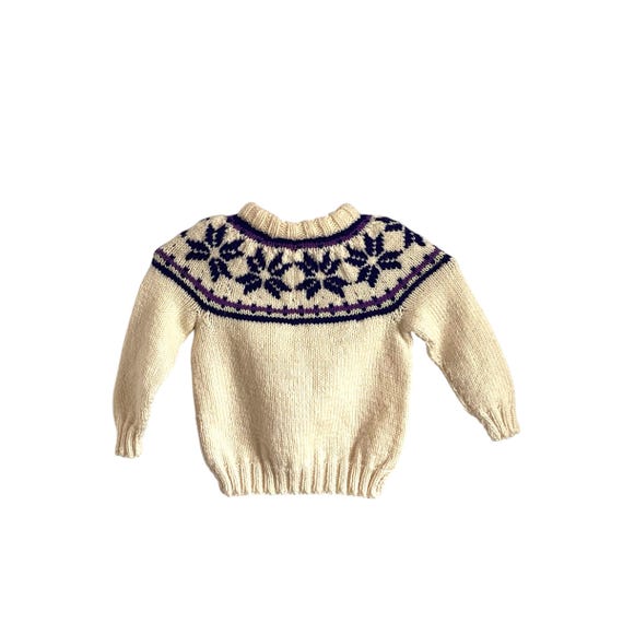 Vintage Icelandic Knit Winter Pullover Sweater. Boys Girls Wool Sweater. Nordic Snowflake Cropped Sweater. Cream Ivory Purple. 60s 70s 80s.