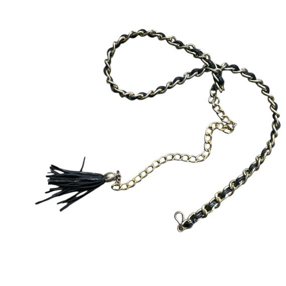 Vintage Brass Black Chain Waist Belt. Chain Strap Belt. Black Brass Tassel Chain Tie Belt. Vegan Leather Strip Tassel. Brass Chains. 80s.