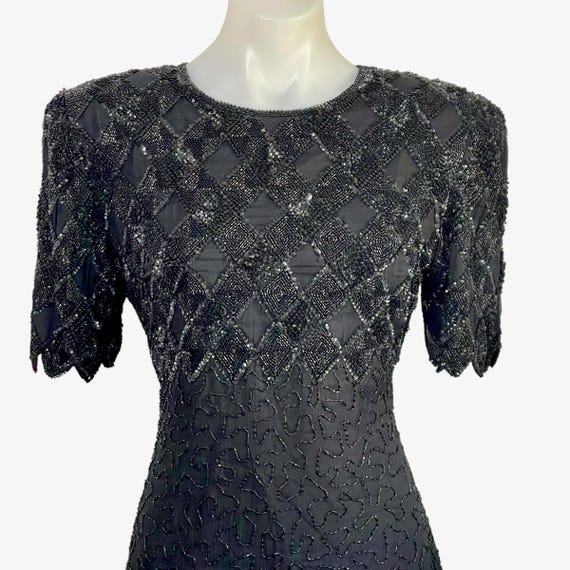 Vintage Laurence Kazar Black Sequin Bead Sequin Dress. Deco Silk Beaded Party Dress. Jagged Sleeves and Hem. Zipper. 80s. 90s. 00s. Y2K.