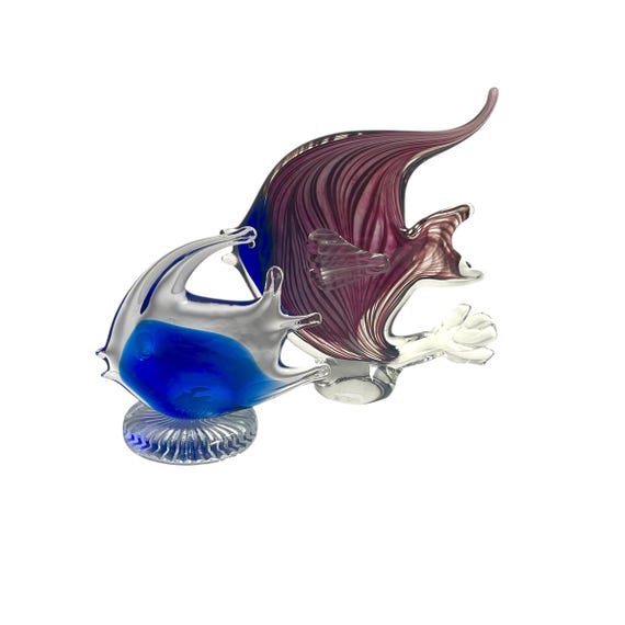 Vintage Hand Blown Glass Fish Figurine. Bundle of 2. Large Multicolor Fish Glass Decor. Blue/Clear Purple/Blue Fish Glass Decor. 60s. 70s.