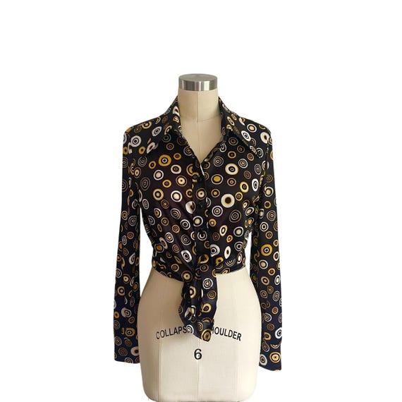 Vintage Act III Funky Circle Button-Up Blouse. 60s 70s Dagger Collar Shirt. Geometric Dots Poly Blouse Shirt Top. Groovy Disco Shirt.