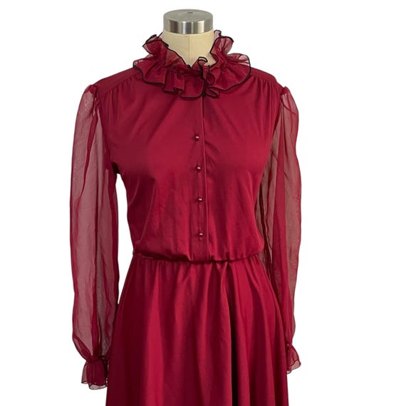 Vintage 80s Burgundy Boho Dress. Ruffle Trim Poly Dress. Elastic Waist. Sheer Sleeve. 70s 80s. Cranberry. Mulberry Maroon Dress. Victorian.