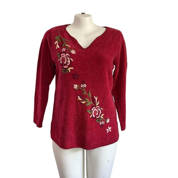 Vintage Red Velour Sweater: Embroidered Flowers, Sequins, Y2K