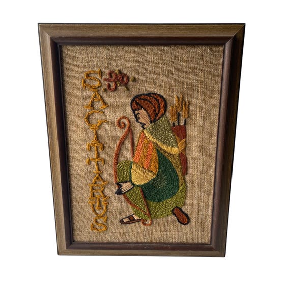 Vintage Sagittarius Crewel Wall Art. Colorful Sewn Burlap Art Decor. Embroidery. Framed. Zodiac Sign. Cottagecore. 70s. 1970s. 1970.
