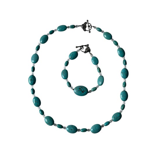 Vintage Beaded Teal Stone Necklace and Bangle Set. Set of 2. Beaded Teal Stone Jewelry Set. Crystal Flourishes. Boho. Hippie. 90s. Y2K.
