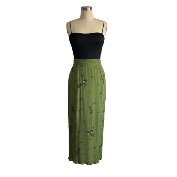 Vintage Nira Green Floral Maxi Skirt. Moss Green Pencil Maxi Skirt. Embroidered Sequin Flowers and Leaves. 90s Whimsigoth. Y2K. 2000s. 00s.