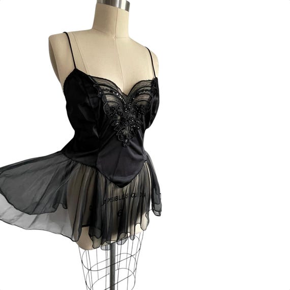 Vintage Black Satin Sheer Lace Lingerie Top. Ebony Floral Intimate Top w/Mesh Skirt Hem. Semi-Sheer. Ballerina Style. 70s 80s 90s Slip Top.
