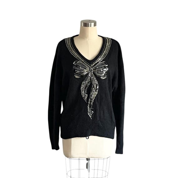 Vintage I.B. Diffusion Petite Sequin Beaded Ribbon Sweater Top: Multicolor Beads and Sequins, Dark Party Sweater Top, 90s Beaded Sweater