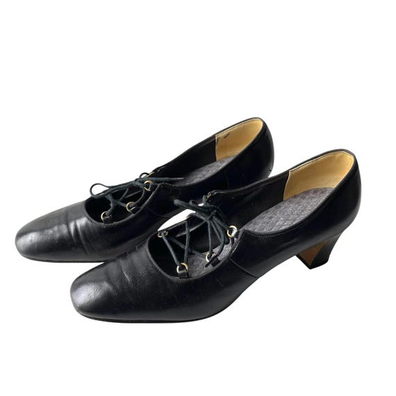 Vintage Black Lace Up Heels. Corset Black Heels Shoes. 70s 80s Black Leather Heels. Vintage Black Corset Heels Shoes. Mod Black Dress Shoes.