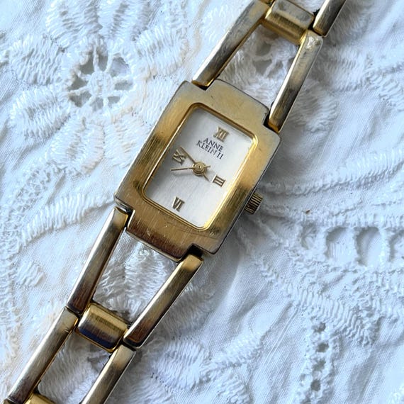 Vintage Anne Klein II Rectangular Goldtone Chain Link Wristwatch. Golden Designer Quartz Rectangle Wrist Watch. Stainless Steel Back. 80s.