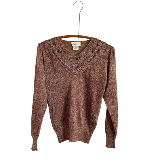 Vintage 70s 80s Sparkly Brown Pullover Sweater. Glittery Coffee Brown V-Neck Sweater Top. Sparkling Fabric. Laser Cut-Out Disco Party Top.