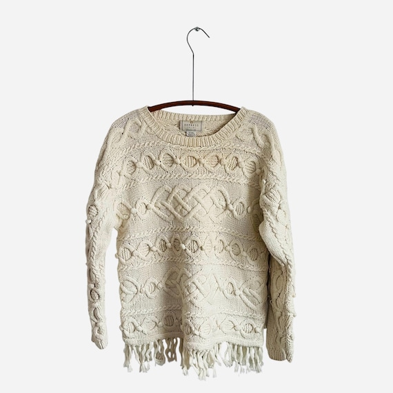 Vintage Express Tricot Ivory White Hand-knitted Pullover Sweater. Cream White Fringed Ball Braid Knit Sweater. Hand Knit. 90s. 1990s.