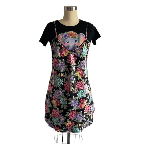 Vintage 90s Y2K Grunge Floral Mini Slip Dress. Flower Print Night Dress. Spaghetti Straps. Grunge Core. Market Casual Slip Dress. 80s. 90s.