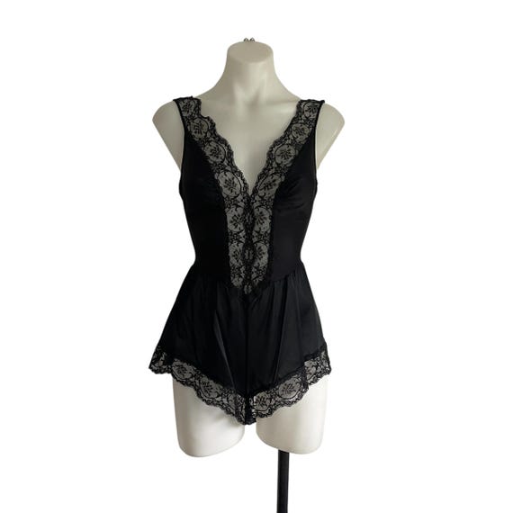 Vintage 70s 80s Olga Black V-Neck Teddy Lingerie. Dark Semi-Sheer Lingerie Playsuit. Lace Neckline and Hem. Nylon Onesie Romper.