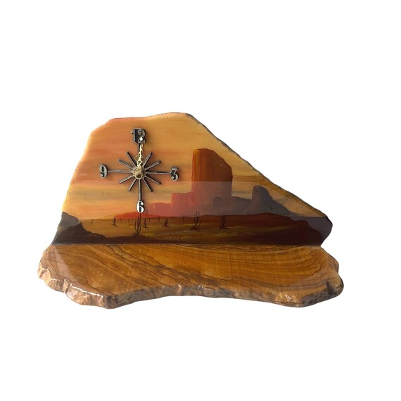 Rustic Desert Mountain Wood Clock. Wood Clock. Cypress Wood Clock. Burl Wood Clock. Vintage Wood Clock. 70s Lacquered Free Stand Clock.