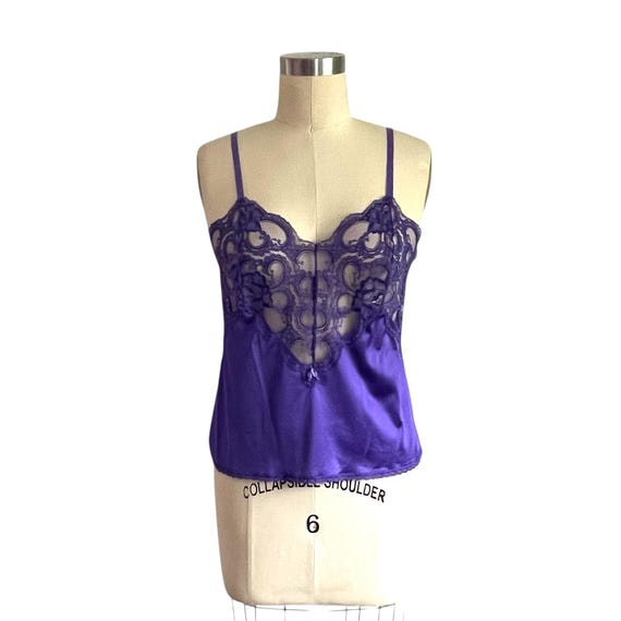 Vintage Bright Purple Silky Lace Night Tank Top. Retro Purple Lingerie Top. Semi-Transparent Lace. Spaghetti Straps. Intimate. 70s. 80s.