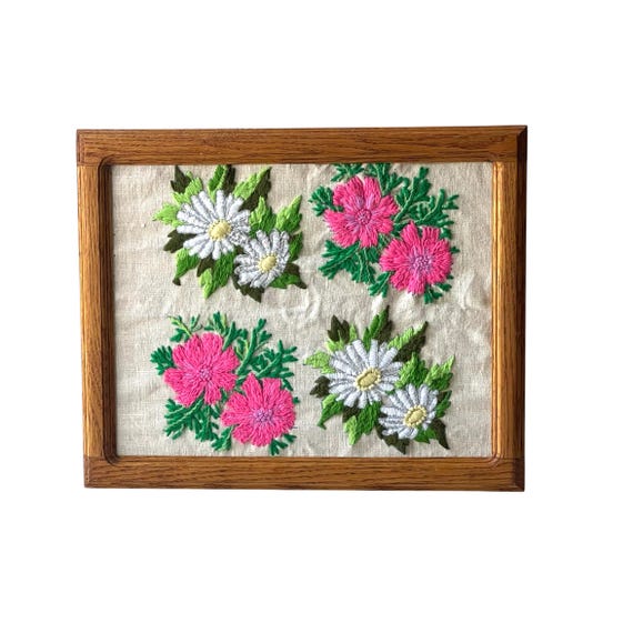 Vintage Multicolor Crochet Flower Rectangular Wall Art. Sewn Floral Rectangle Art Decor. Different Flowers. Cottagecore. 60s. 70s. 80s.