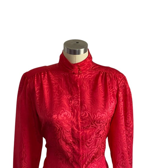 Vintage Rhapsody Embossed Floral Blouse. Ruched Collar Sleeve w/Buttons. Padded Shoulders. Pleated Shoulder Dress Blouse Shirt Top. Mod 80s.