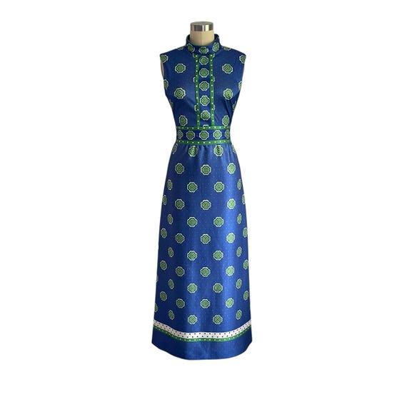 Vintage Emilio Borghese Blue and Green Maxi Dress. Long Two-Color Sleeveless Bodycon Dress. Floral Dotted Pattern. Boho. Hippie. 70s. 80s.