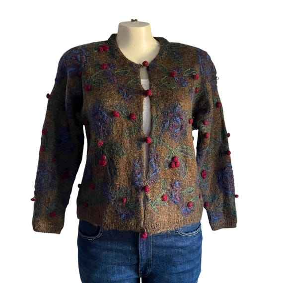 Vintage Express Tricot Colorful Floral 3D Cardigan Sweater: 3D Cherries, Frog-Button Closure, Boho, Hippie, Grandma Cardigan Sweater.
