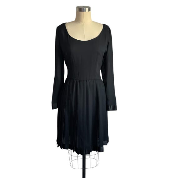 Vintage LBD Scoop Neck Dress. Pleated Sheer Chiffon Skirt. Retro 40s 50s Black Party Dress. Scoop Neck Top. Black Satin Trim. 90s. 1990s.