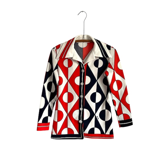 Vintage Trissi Mod Op-Art Geometric Button-Up Shirt. Hippie Mod Button-Up Blouse Top. Geometric. Red. Black. White. Dagger Collar. 60s. 70s.