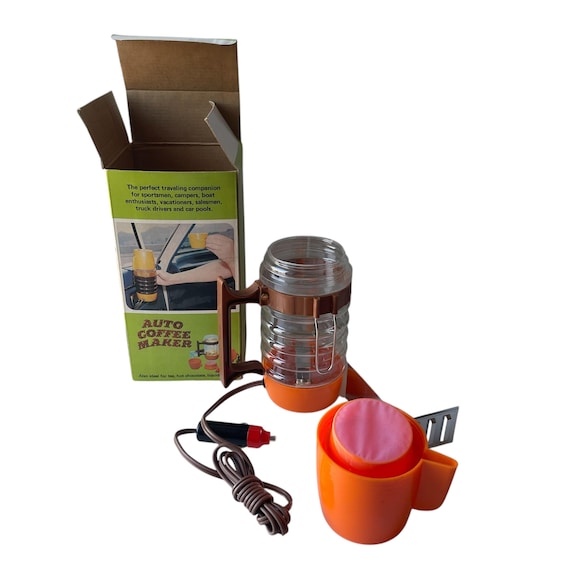 Vintage Orange Auto Car Coffee Maker w/Cup. Retro Packaged In-Car Coffee Maker. Electronic Appliance. Original Package. 70s. 1970s.
