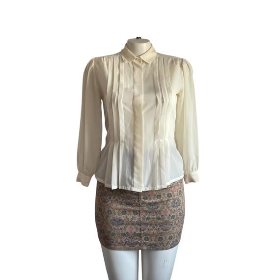 Vintage 80s La Blouse Ivory White Victorian Long-Sleeved Blouse. Cream White Pleated Button-Up Blouse. Womens Plus Pleated Dress Blouse Top.