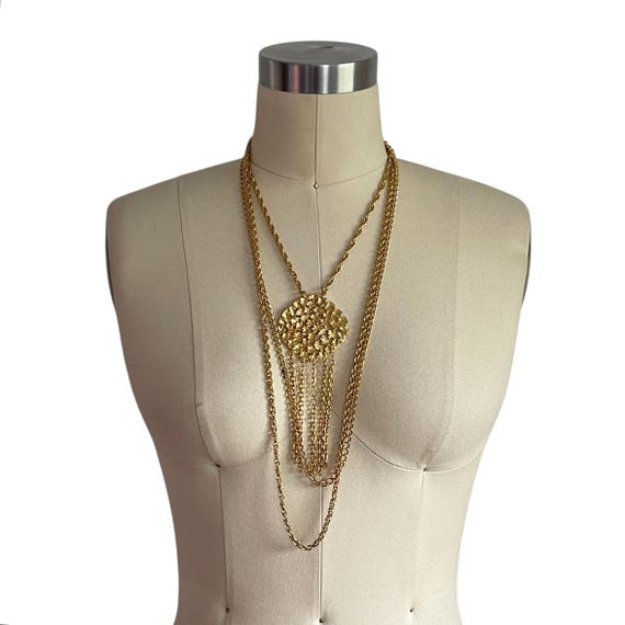 Vintage Goldtone Fringe Tassel Multi-Strand Necklace. Golden Dual-Strand Fringe Pendant Necklace. Cocktail. Party. 60s. 70s. 1960s. 1970s.