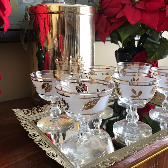 Vintage Libbey Glasses. 60s Gold Foliage Frosted Footed Cocktail Glasses. Mid Century Modern Cocktail Glasses Cups. S|6. 50s 60s Barware.