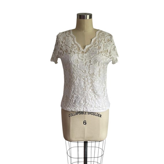 Vintage Victorian V-Neck Lace Blouse. Floral Lace V-Neck Top. Solid Undershirt. Short Sleeves. 80s. 90s. 1980s. 1990s. G Wheels. Fairycore.