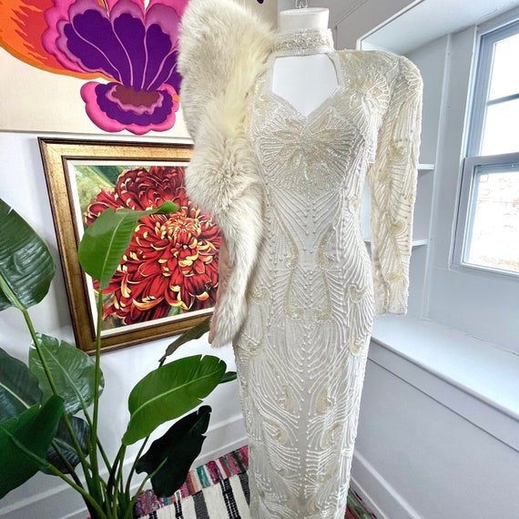 Vintage Deco Silk Beaded Dress. Ivory Beaded Silk… - image 1