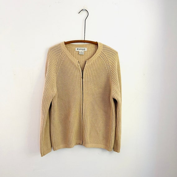 Vintage Appleseeds Women Zip-Up Sweater. Neutral.  Zip Front Sweater. Rich Beige Color. Cardigan Sweater. 90s Y2K. Ribbed Sweater Jacket.