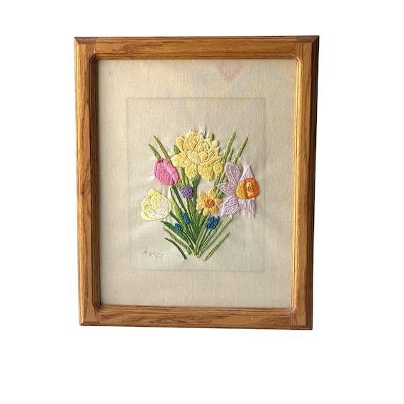 Vintage Ma P. Needlepoint Floral Wall Art. Signed Colorful Flower Bouquet Art. Multicolor Flowers. Spring. Cottagecore. 60s. 70s. 80s.