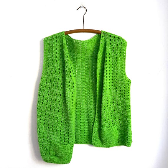 Vintage Lime Green Crochet Knit Vest. Neon Green Sweater Vest. Small Pockets. Mod Hippie Knit Vest. Chartreuse Green Knit Vest. 60s. 70s.