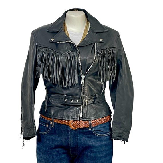 Vintage Black Leather Fringe Biker Jacket, Western Moto Style (XL)