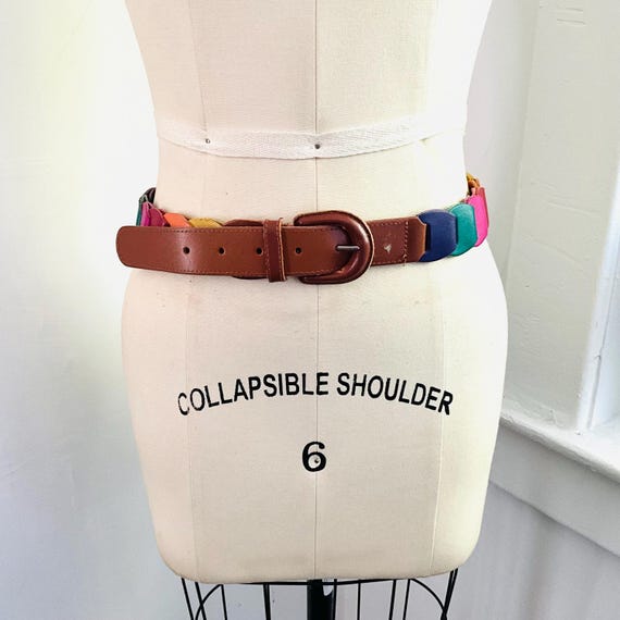 Vintage Rainbow Linked Leather Belt. Medium Multicolor Woven Belt. Bright Colors. Genuine Leather. Hippie Style. Boho Style. 70s. 80s. 90s.