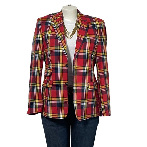 Vintage Biarelli Red Plaid Blazer Jacket. Plaid Boyfriend Blazer Coat. Red Plaid Wool Blazer. 2 Buttons. Pockets. Preppy Mod Plaid. 90s Y2K.