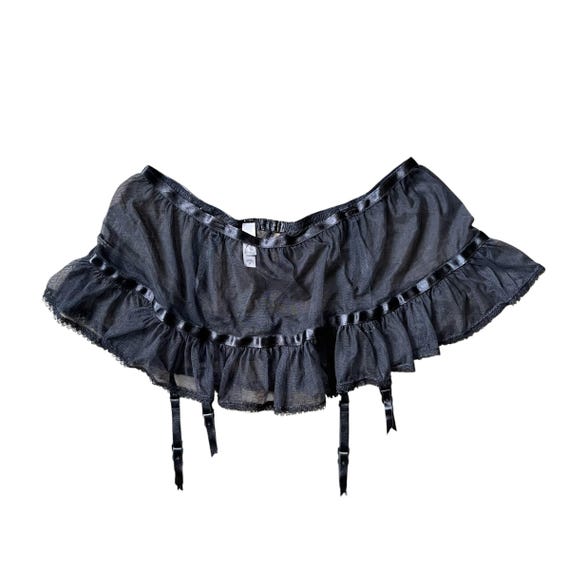 Vintage Victoria's Secret Black Mesh Frilly Garter Belt Skirt. Tiered Garterbelt. Lingerie. Punk Glam. Glam Play Skirt. Y2K. 2000s. 00s.