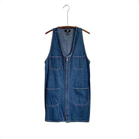 Vintage RF Rafaela Denim Mini Jumper Dress. Blue Jean Sleeveless Zip-Up Jumper. Zipper. Pockets. Pinafore Denim Mini Dress. Cottagecore.